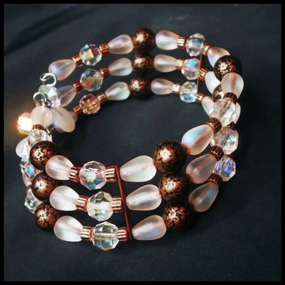 Retro Crystal Aurora Frosted Glass Wide Bangle Bracelet, One of a Kind – Bridal - Picture 5 of 10